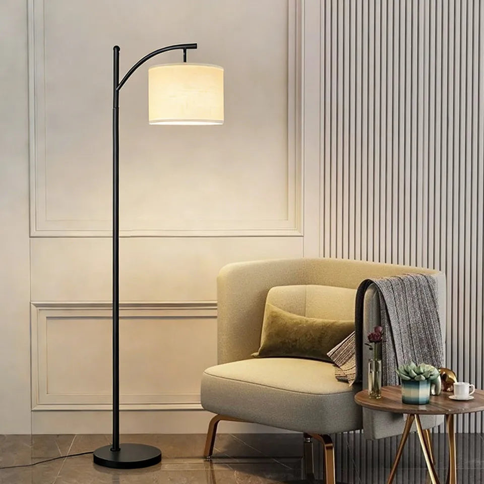 Lámpara de pie moderna de lino con bombilla LED, regulable en 3 colores (blanco cálido/neutro/frío), lámpara de pie E27 con pantalla de tela y base de hierro para sala de estar y dormitorio.