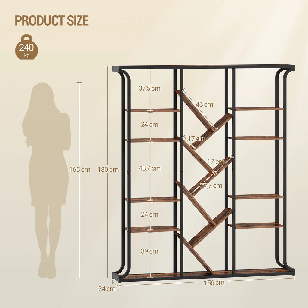 3 Column 6 Tier Tree Shaped Bookcase, 17 Compartments Open Independent Shelves for Home Office,Living Room,Vintage Brown-Black