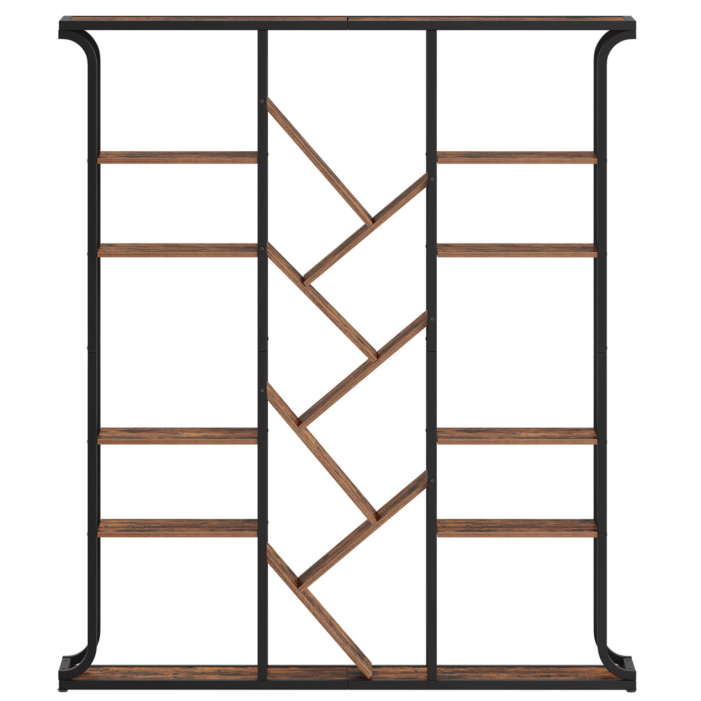 3 Column 6 Tier Tree Shaped Bookcase, 17 Compartments Open Independent Shelves for Home Office,Living Room,Vintage Brown-Black