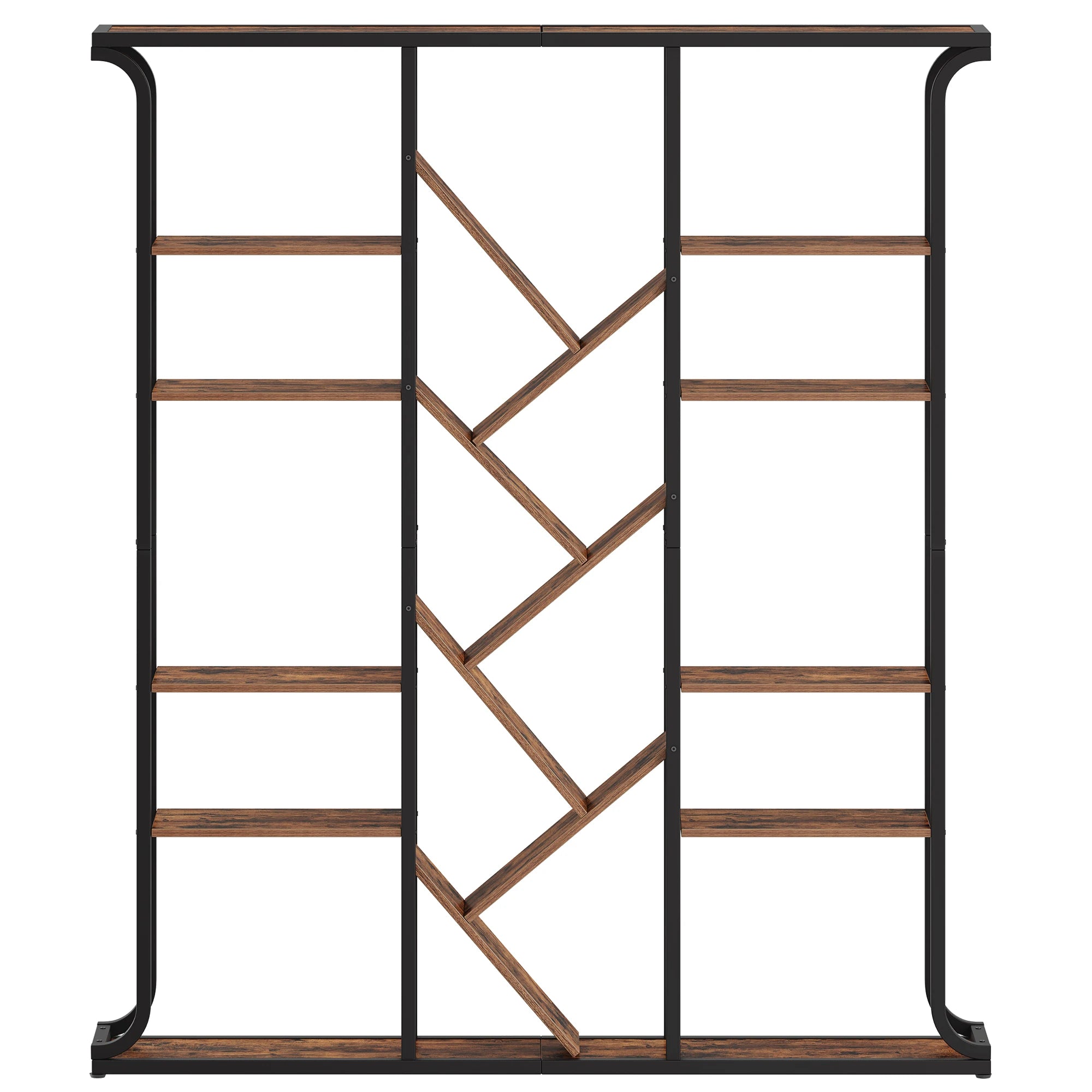 3 Column 6 Tier Tree Shaped Bookcase, 17 Compartments Open Independent Shelves for Home Office,Living Room,Vintage Brown-Black