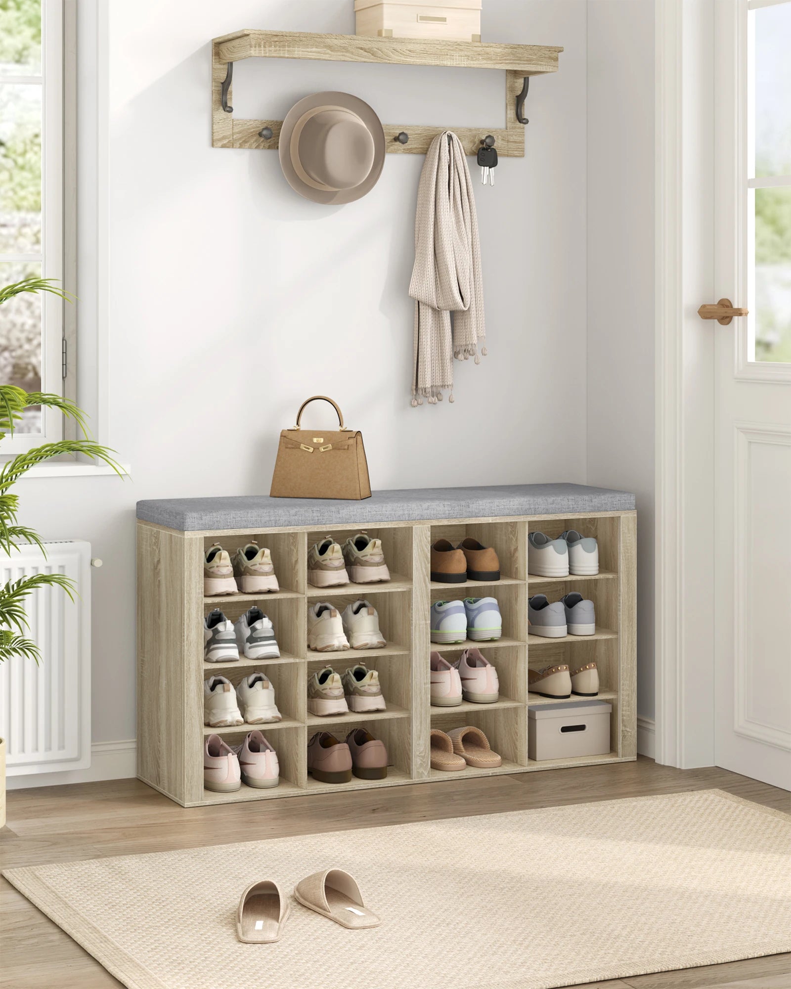 1 Oak Shoe Cabinet with Bench with 16 Compartments, Entrance Bench, Adjustable Shelves for Living Room, Bedroom, Hallway