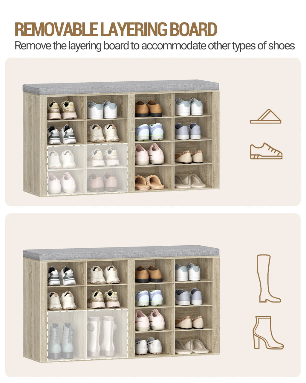 1 Oak Shoe Cabinet with Bench with 16 Compartments, Entrance Bench, Adjustable Shelves for Living Room, Bedroom, Hallway