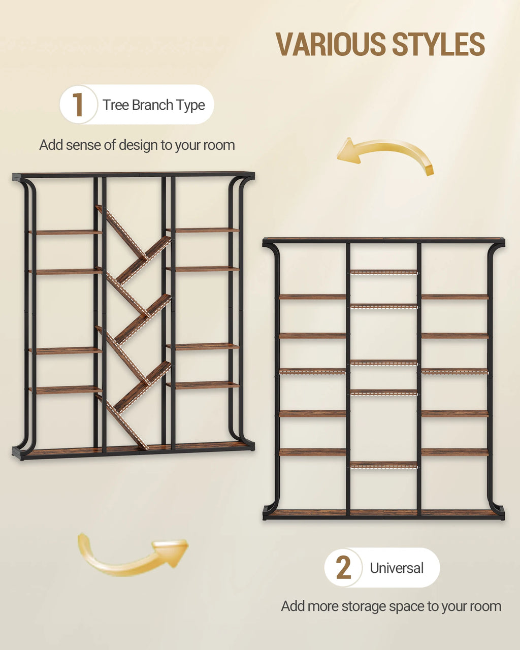 3 Column 6 Tier Tree Shaped Bookcase, 17 Compartments Open Independent Shelves for Home Office,Living Room,Vintage Brown-Black