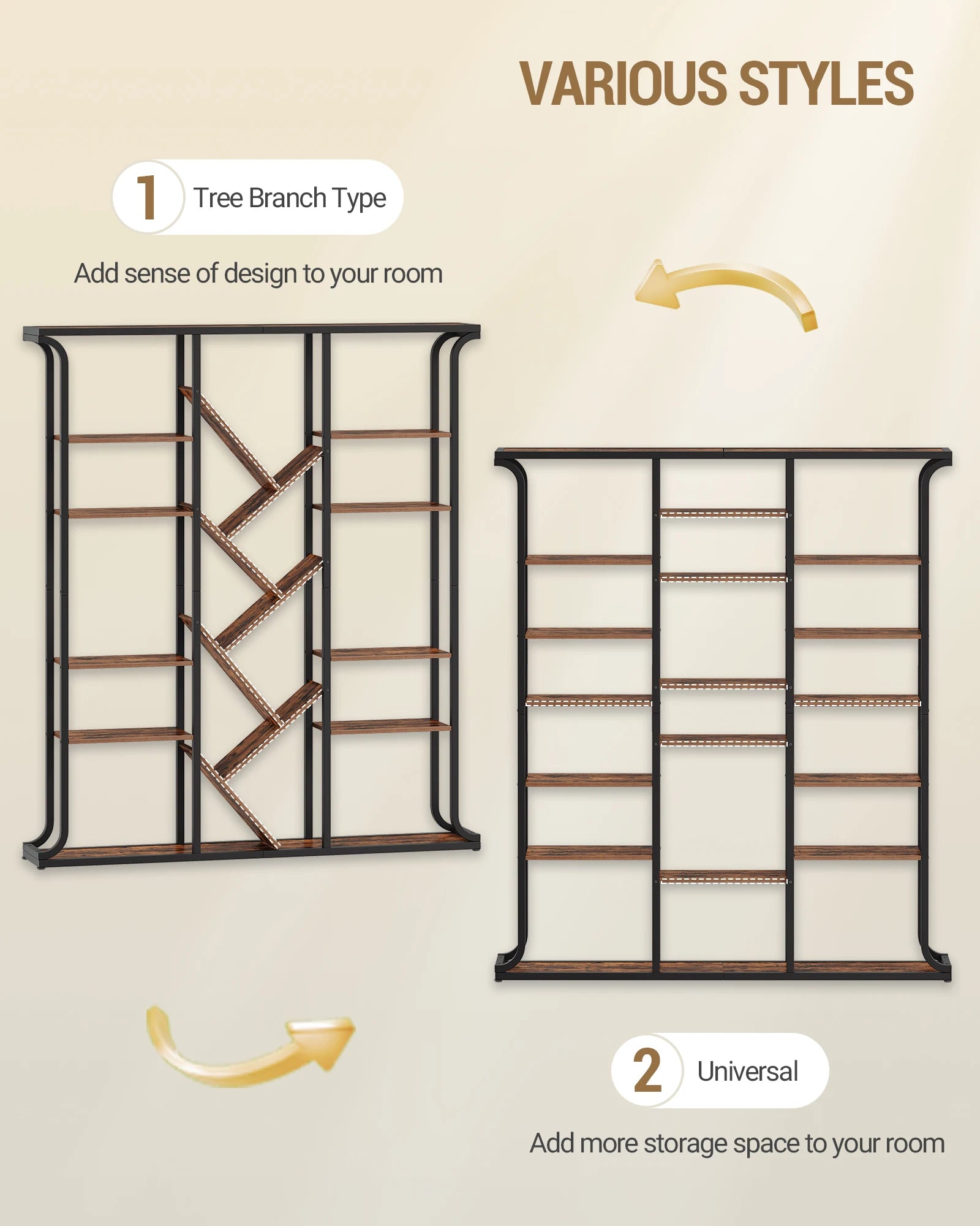 3 Column 6 Tier Tree Shaped Bookcase, 17 Compartments Open Independent Shelves for Home Office,Living Room,Vintage Brown-Black