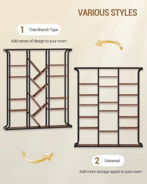 3 Column 6 Tier Tree Shaped Bookcase, 17 Compartments Open Independent Shelves for Home Office,Living Room,Vintage Brown-Black