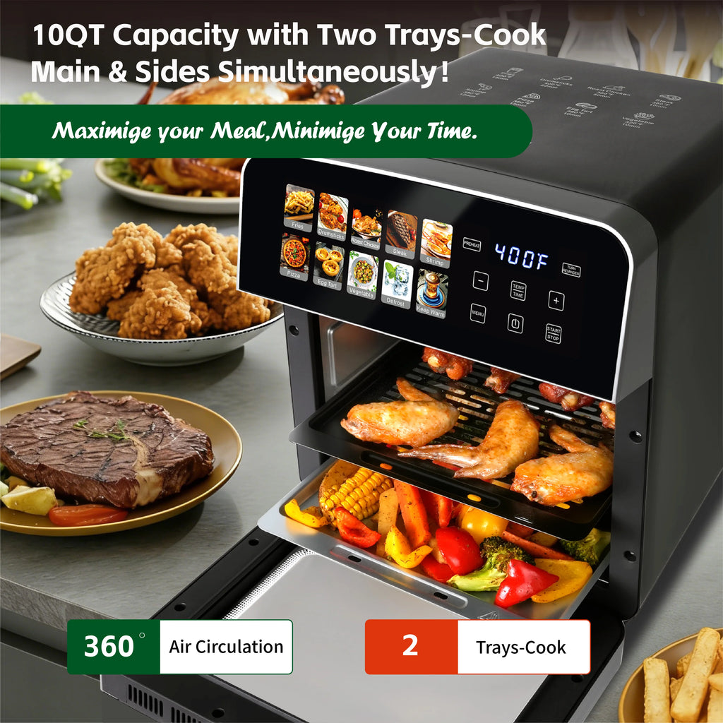 Horno tostador con freidora de aire de 10 cuartos con 10 programas preestablecidos, horno compacto de tamaño familiar para asar pollo entero/cocción doble, fácil de limpiar.