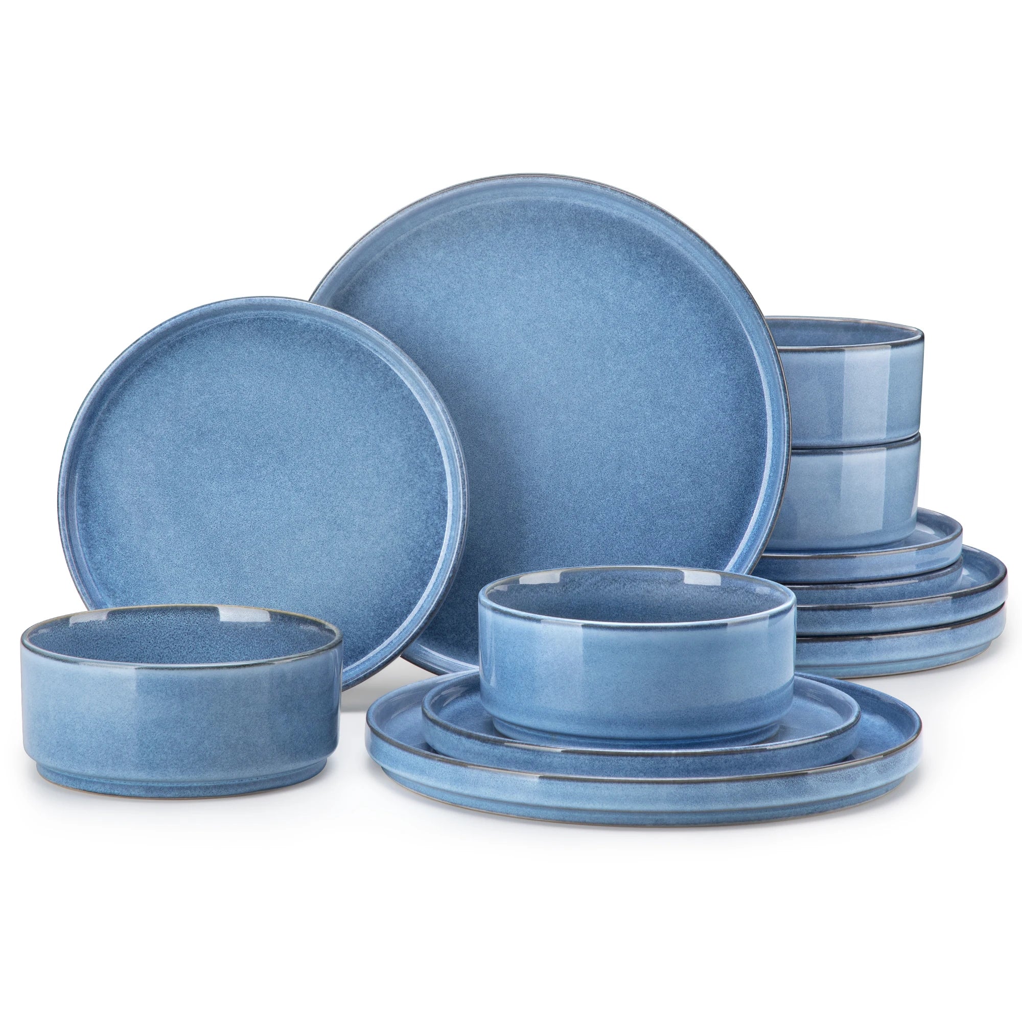 Juego de vajilla de gres Vancasso de 12/24 piezas con esmalte reactivo azul y marrón y borde vertical, con 4/8 piezas de plato llano/postre/bol.
