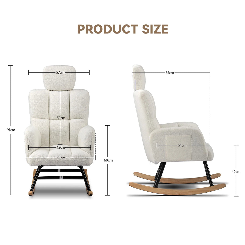 Mecedora COMHOMA Mecedora con reposabrazos Reposacabezas, peluche Teddy Sillón columpio Sillón con orejas Tumbona Beige