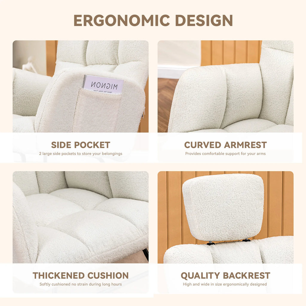 Mecedora COMHOMA Mecedora con reposabrazos Reposacabezas, peluche Teddy Sillón columpio Sillón con orejas Tumbona Beige