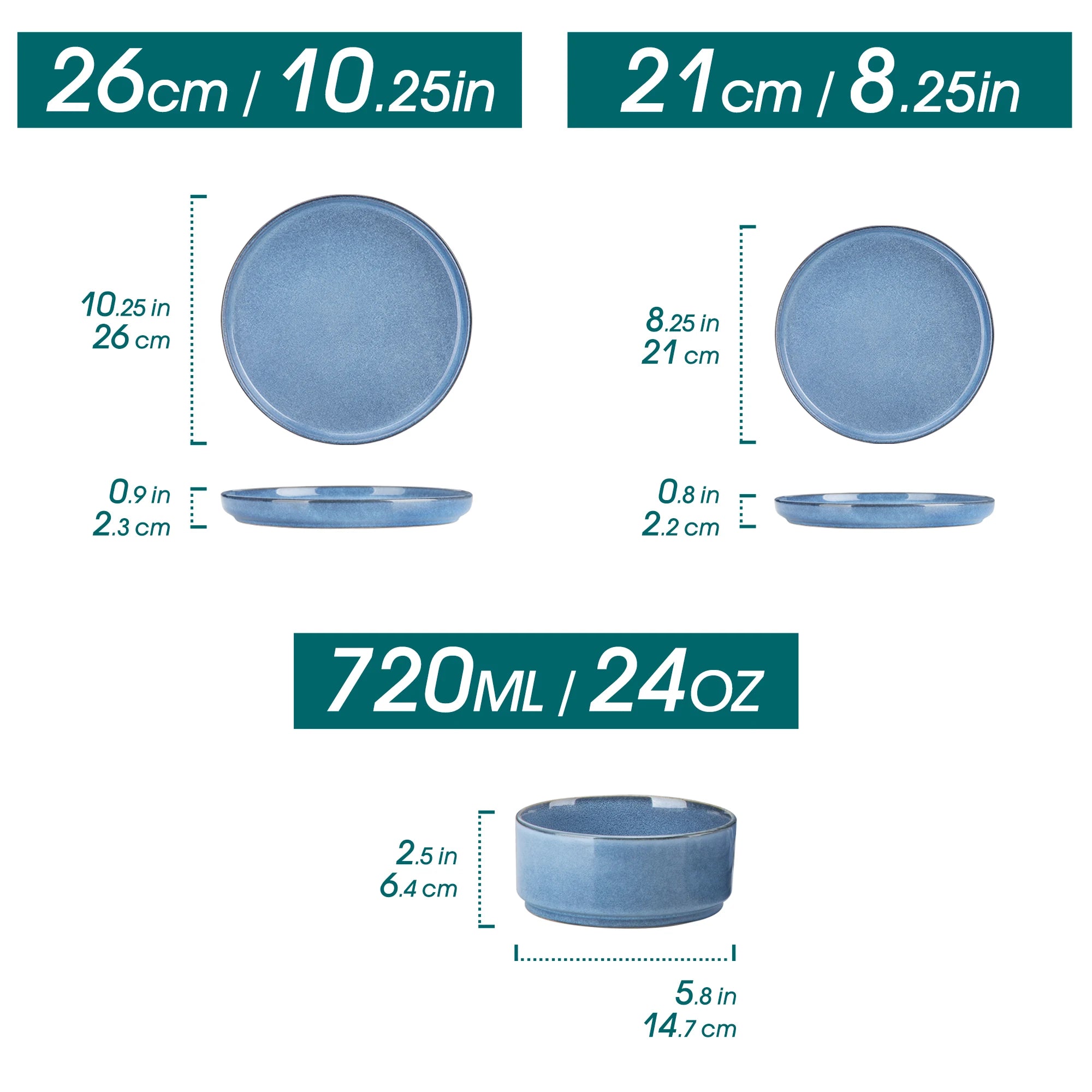 Juego de vajilla de gres Vancasso de 12/24 piezas con esmalte reactivo azul y marrón y borde vertical, con 4/8 piezas de plato llano/postre/bol.
