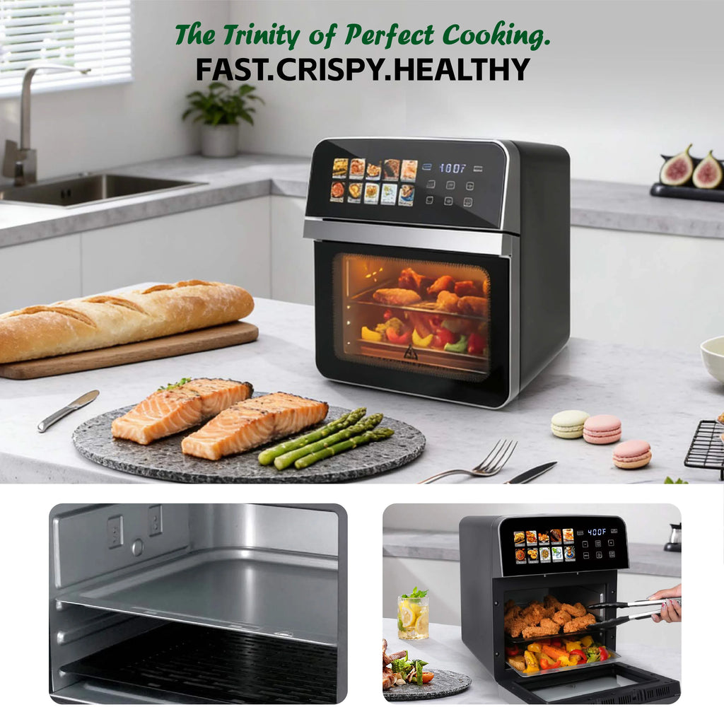 Horno tostador con freidora de aire de 10 cuartos con 10 programas preestablecidos, horno compacto de tamaño familiar para asar pollo entero/cocción doble, fácil de limpiar.