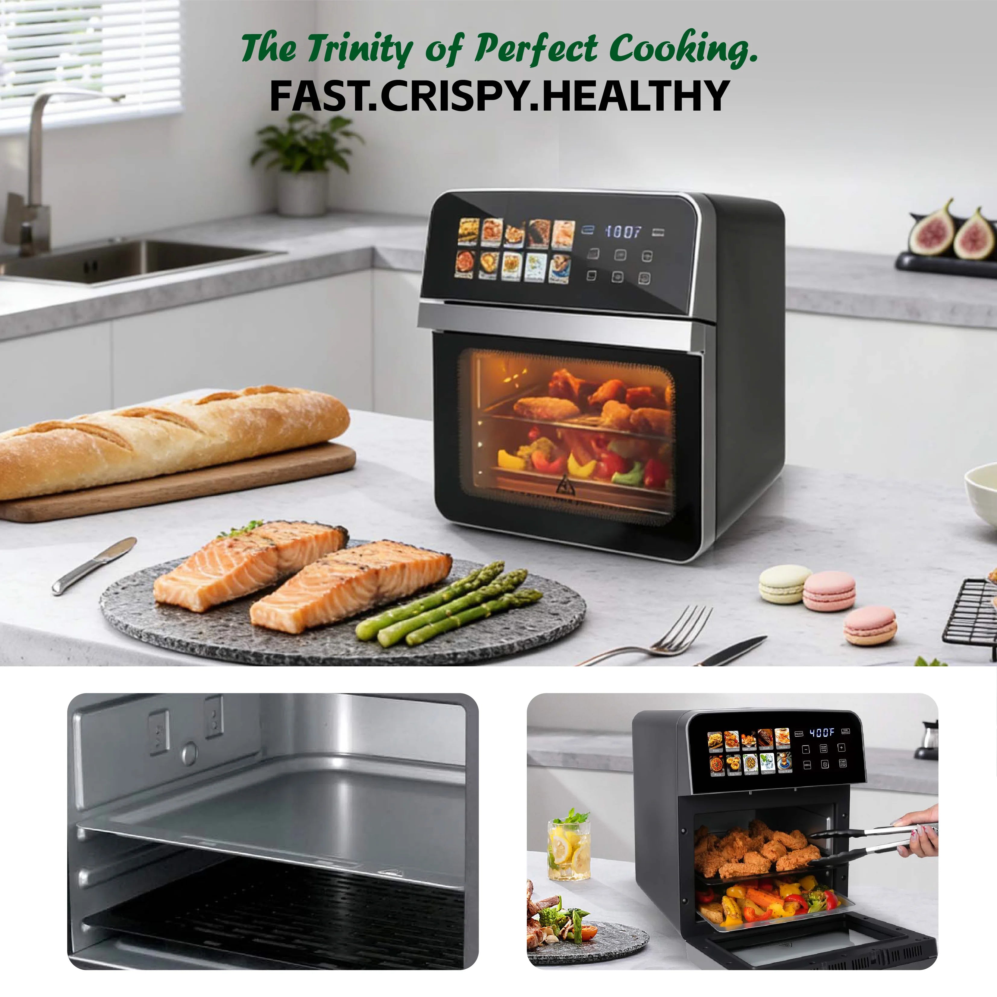 Horno tostador con freidora de aire de 10 cuartos con 10 programas preestablecidos, horno compacto de tamaño familiar para asar pollo entero/cocción doble, fácil de limpiar.