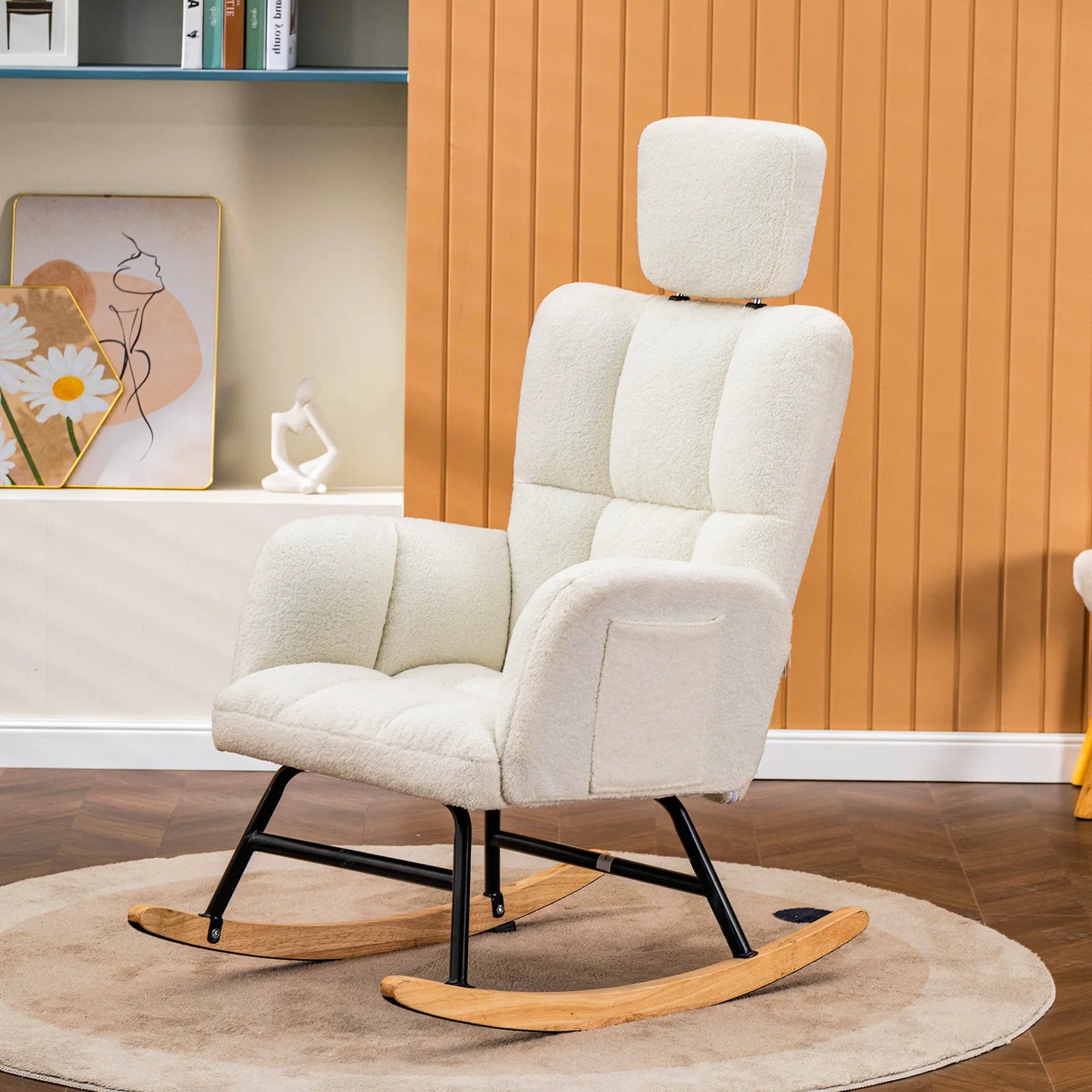 Mecedora COMHOMA Mecedora con reposabrazos Reposacabezas, peluche Teddy Sillón columpio Sillón con orejas Tumbona Beige