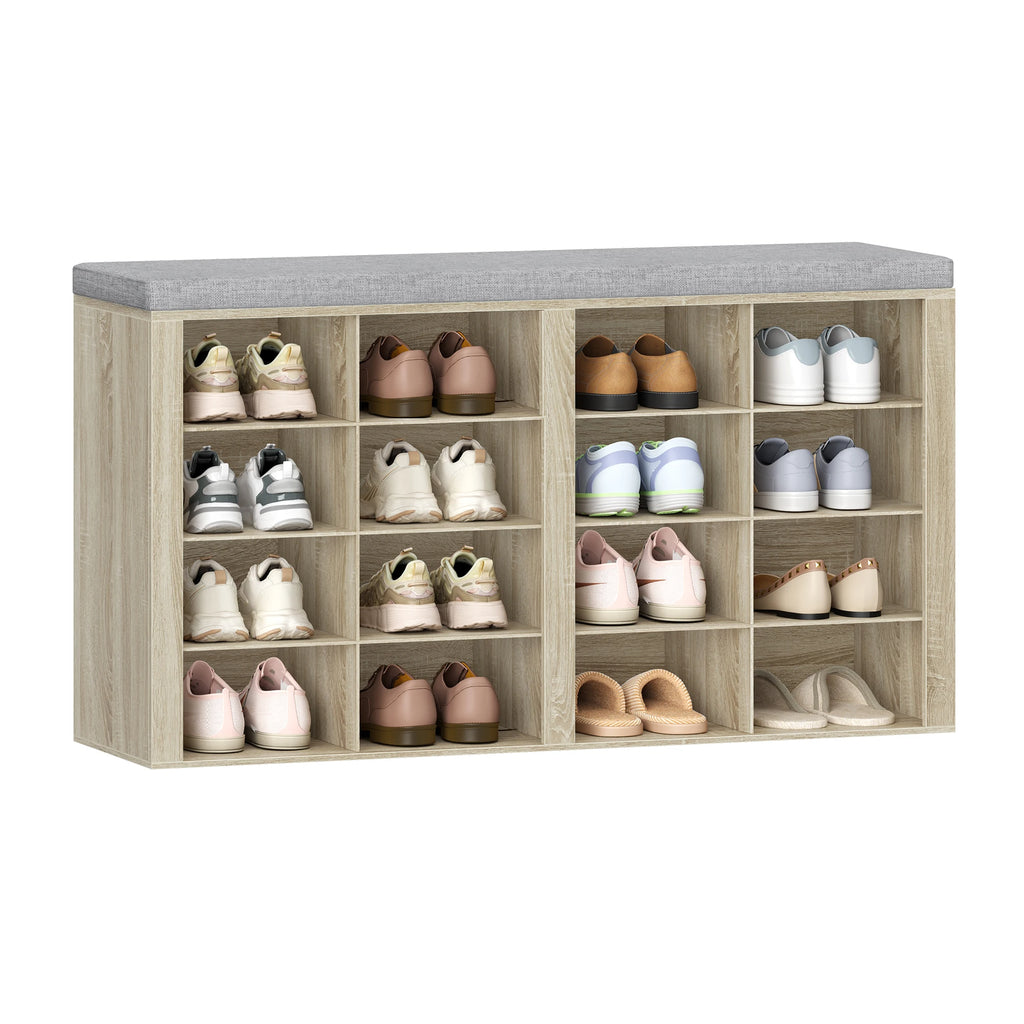 1 Oak Shoe Cabinet with Bench with 16 Compartments, Entrance Bench, Adjustable Shelves for Living Room, Bedroom, Hallway