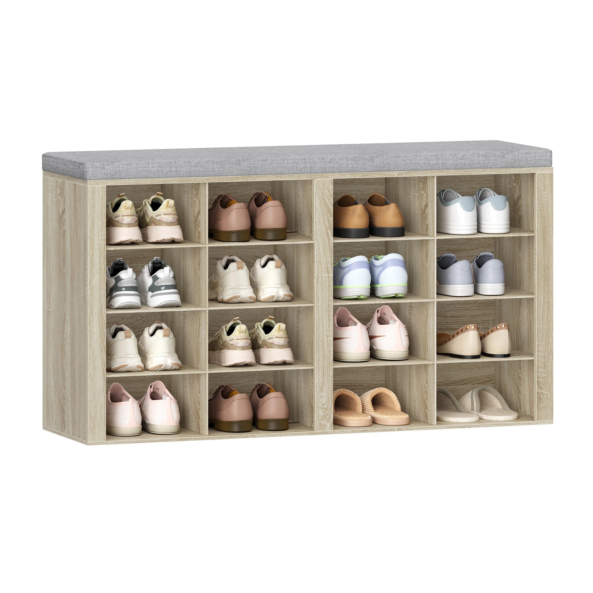 1 Oak Shoe Cabinet with Bench with 16 Compartments, Entrance Bench, Adjustable Shelves for Living Room, Bedroom, Hallway