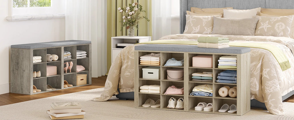 1 Oak Shoe Cabinet with Bench with 16 Compartments, Entrance Bench, Adjustable Shelves for Living Room, Bedroom, Hallway
