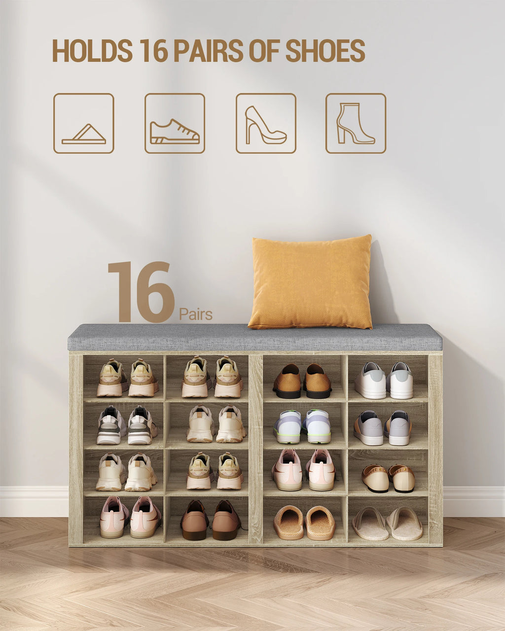 1 Oak Shoe Cabinet with Bench with 16 Compartments, Entrance Bench, Adjustable Shelves for Living Room, Bedroom, Hallway