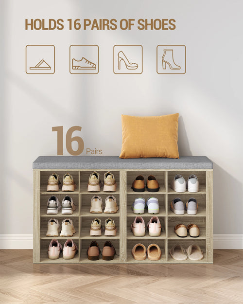 1 Oak Shoe Cabinet with Bench with 16 Compartments, Entrance Bench, Adjustable Shelves for Living Room, Bedroom, Hallway