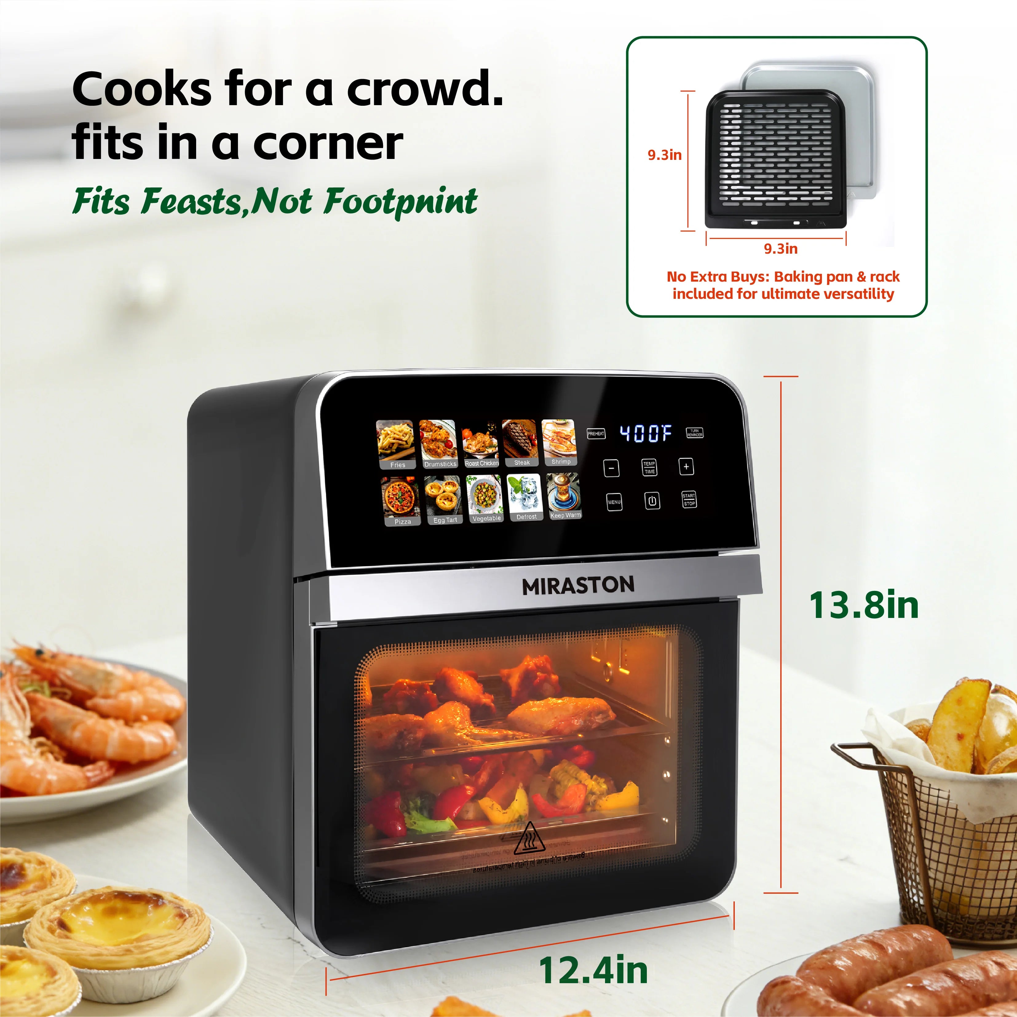 Horno tostador con freidora de aire de 10 cuartos con 10 programas preestablecidos, horno compacto de tamaño familiar para asar pollo entero/cocción doble, fácil de limpiar.