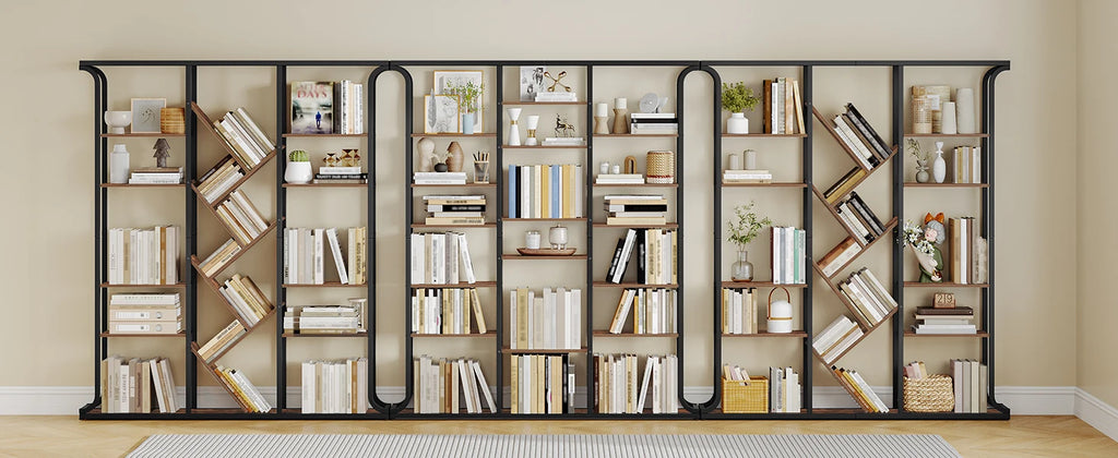 3 Column 6 Tier Tree Shaped Bookcase, 17 Compartments Open Independent Shelves for Home Office,Living Room,Vintage Brown-Black