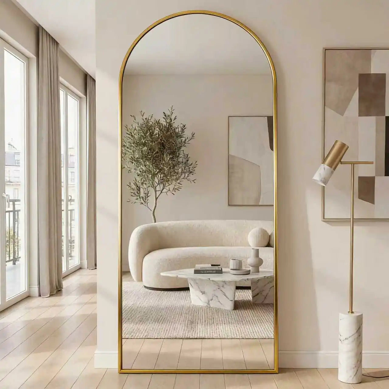 Espejo de cuerpo entero de 172x75 cm, de pie, con marco de aleación de aluminio y cristal templado, ideal para dormitorio, salón o armario. Color dorado.