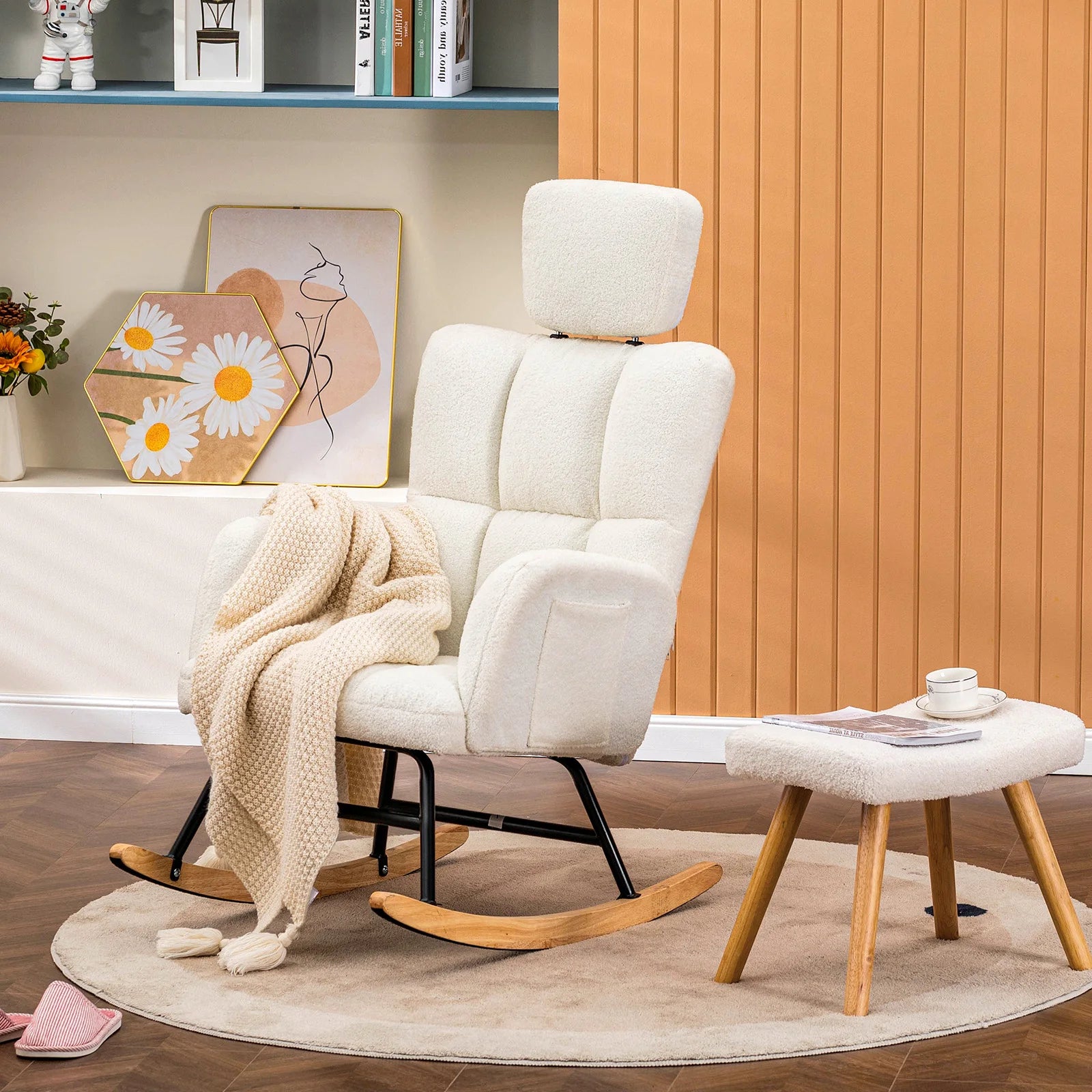 Mecedora COMHOMA Mecedora con reposabrazos Reposacabezas, peluche Teddy Sillón columpio Sillón con orejas Tumbona Beige