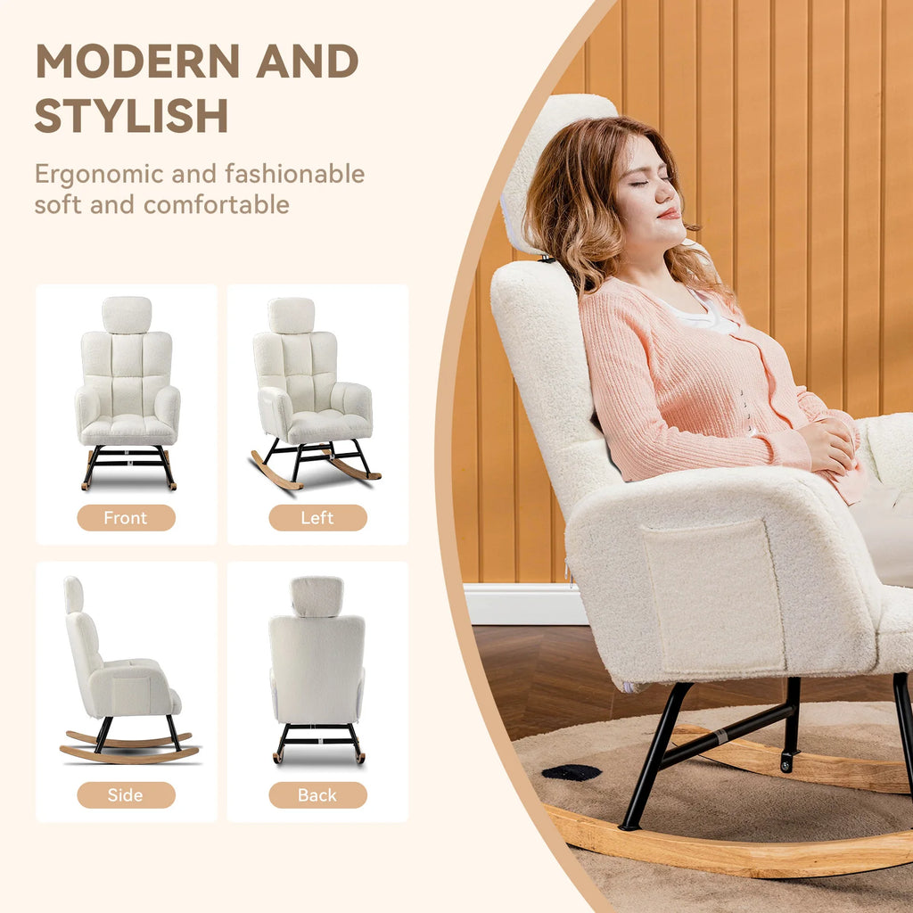 Mecedora COMHOMA Mecedora con reposabrazos Reposacabezas, peluche Teddy Sillón columpio Sillón con orejas Tumbona Beige