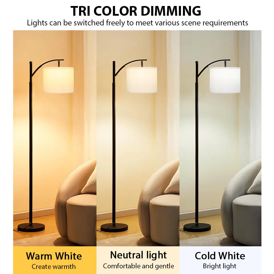 Lámpara de pie moderna de lino con bombilla LED, regulable en 3 colores (blanco cálido/neutro/frío), lámpara de pie E27 con pantalla de tela y base de hierro para sala de estar y dormitorio.