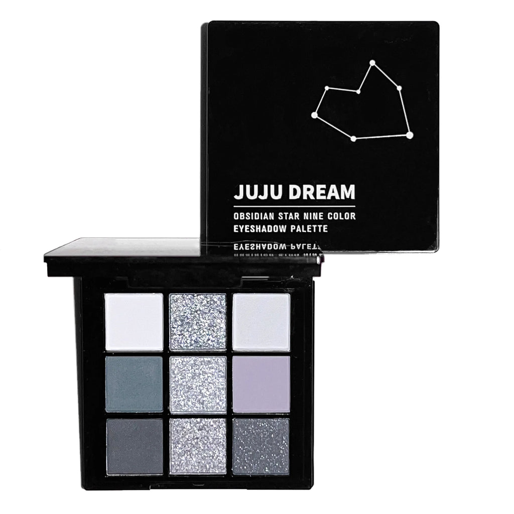 Paleta de sombras de ojos de 9 tonos: Black Swan, Smoky, Dark Black, Grey Silver Glitter, acabado mate, larga duración y fácil de aplicar.