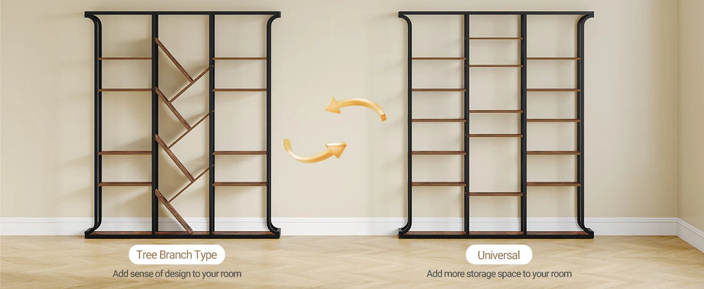 3 Column 6 Tier Tree Shaped Bookcase, 17 Compartments Open Independent Shelves for Home Office,Living Room,Vintage Brown-Black