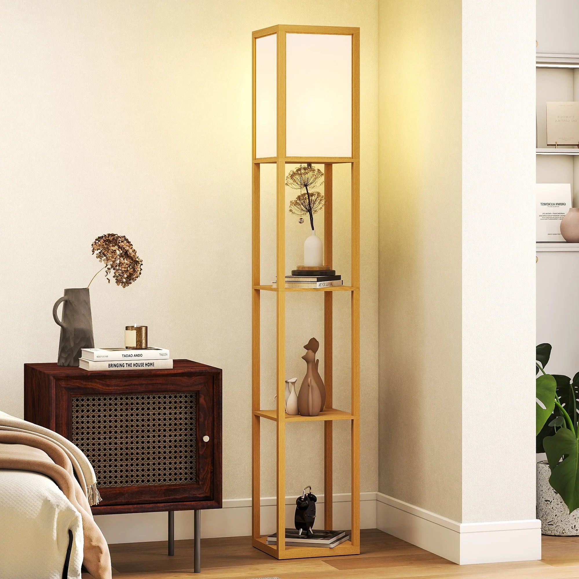 Lámpara de pie Homcom con estantes de almacenamiento, lámpara moderna de madera, bombilla E27, para sala de estar, dormitorio u oficina.