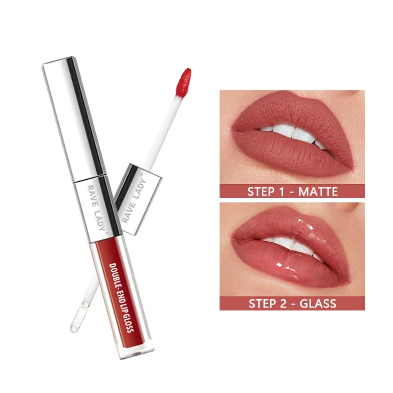 Brillo labial mate de doble punta 2 en 1, aceite labial hidratante transparente, brillo labial líquido con destellos y efecto espejo.