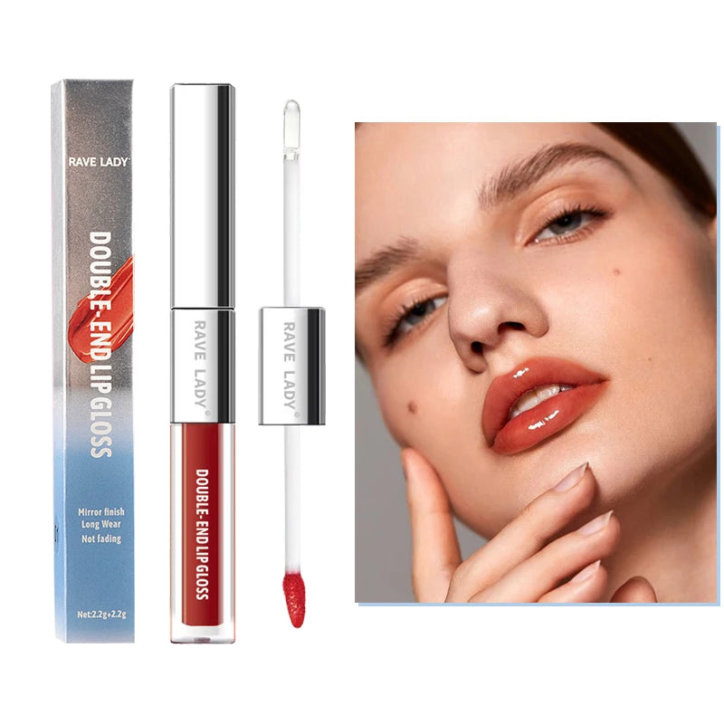 Brillo labial mate de doble punta 2 en 1, aceite labial hidratante transparente, brillo labial líquido con destellos y efecto espejo.