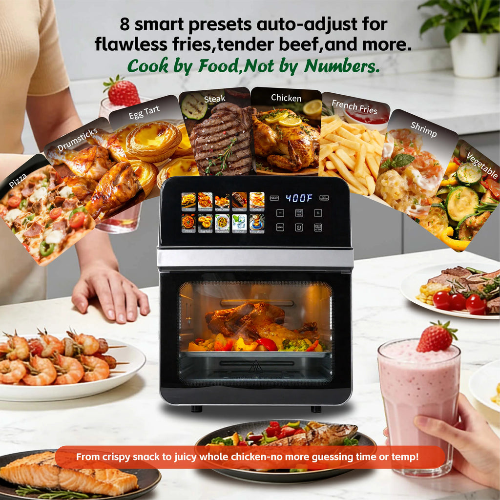 Horno tostador con freidora de aire de 10 cuartos con 10 programas preestablecidos, horno compacto de tamaño familiar para asar pollo entero/cocción doble, fácil de limpiar.
