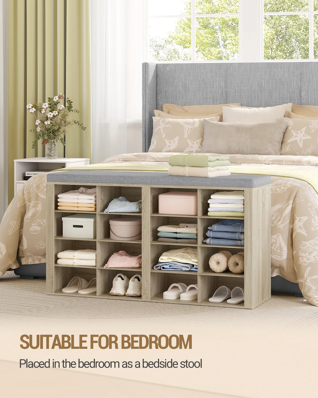 1 Oak Shoe Cabinet with Bench with 16 Compartments, Entrance Bench, Adjustable Shelves for Living Room, Bedroom, Hallway