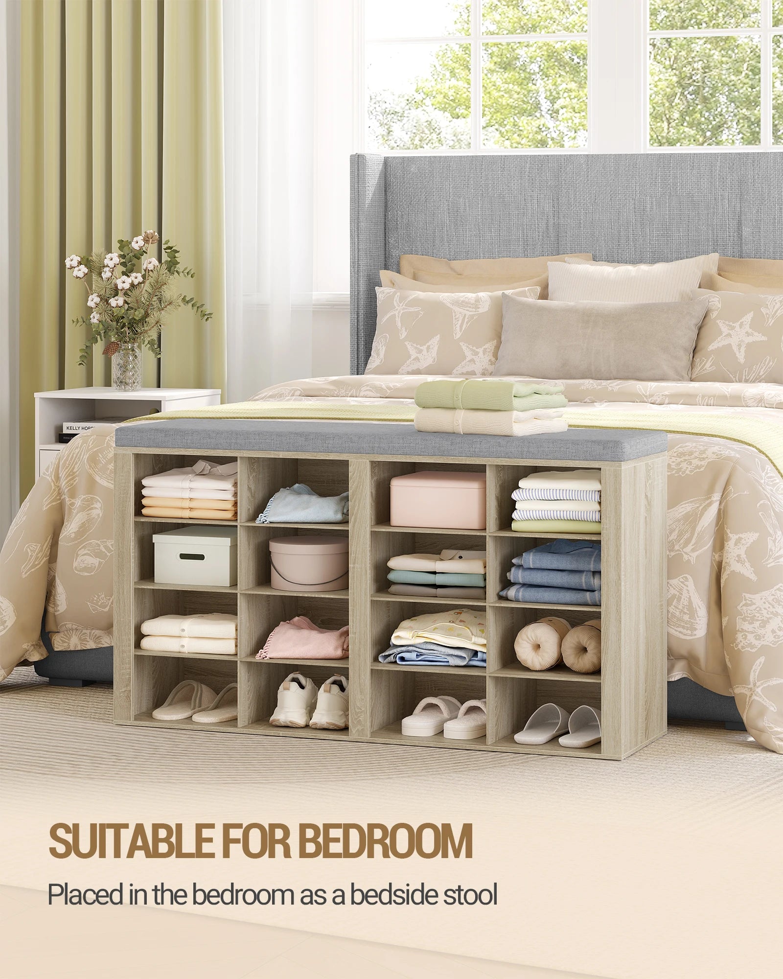 1 Oak Shoe Cabinet with Bench with 16 Compartments, Entrance Bench, Adjustable Shelves for Living Room, Bedroom, Hallway