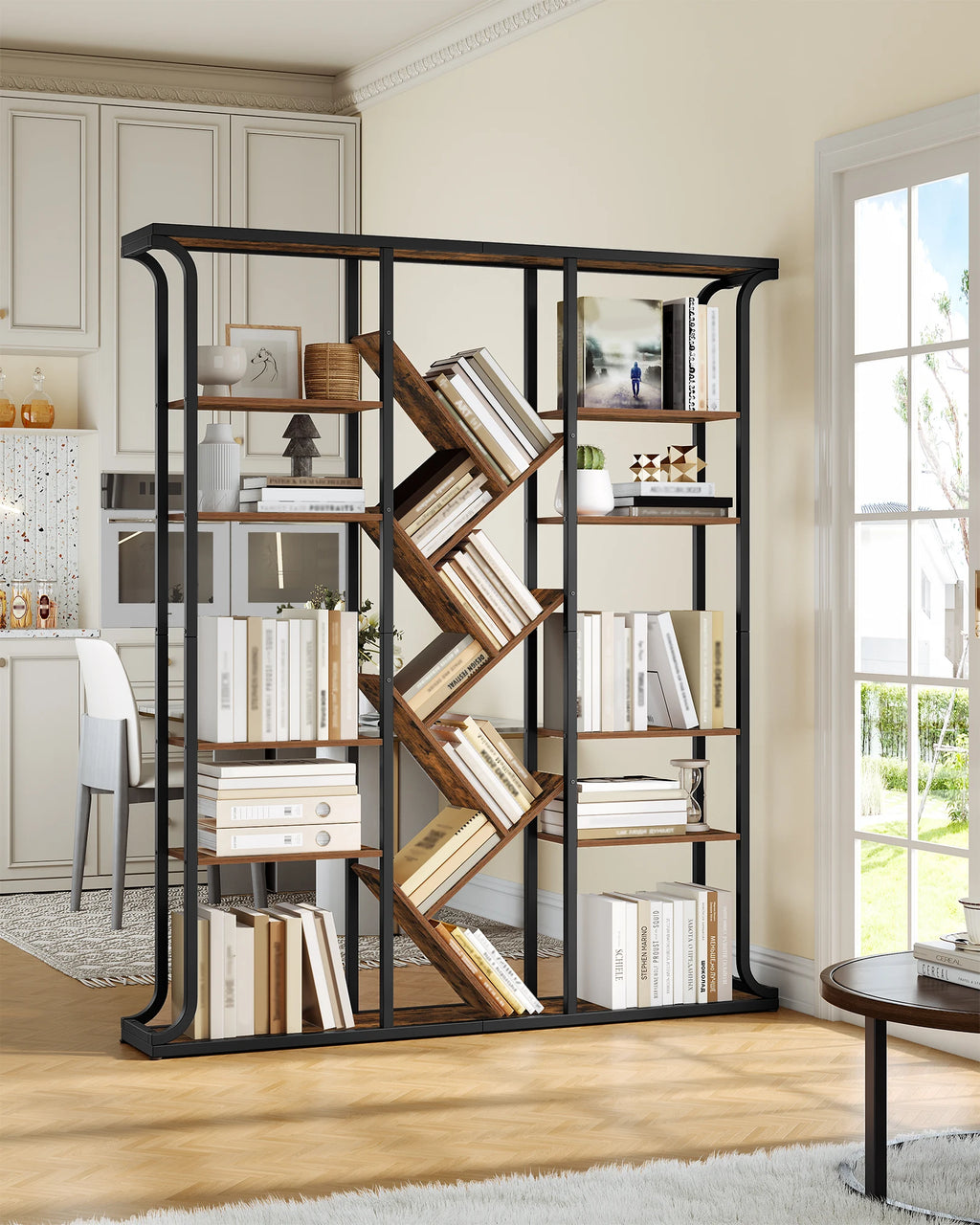 3 Column 6 Tier Tree Shaped Bookcase, 17 Compartments Open Independent Shelves for Home Office,Living Room,Vintage Brown-Black