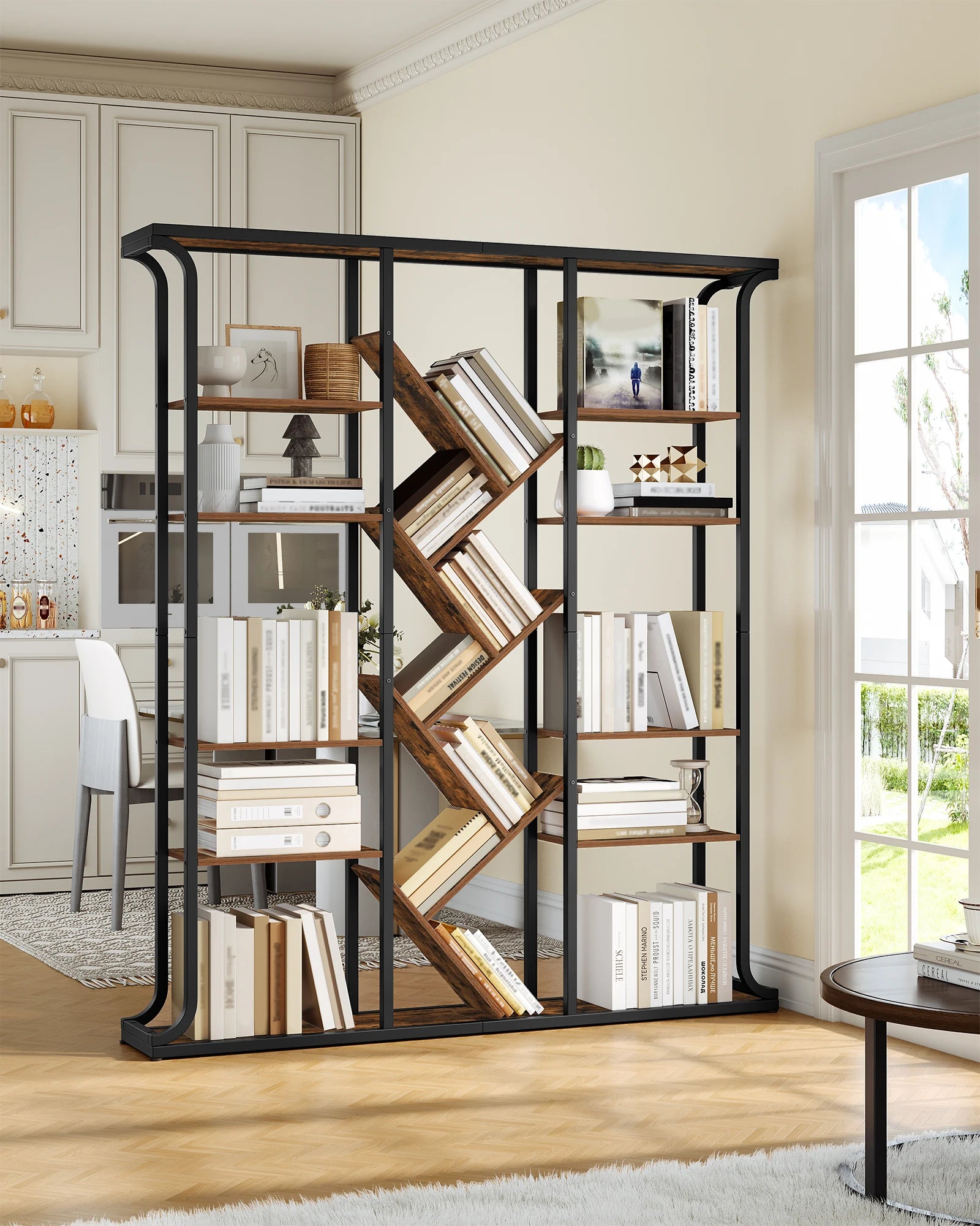 3 Column 6 Tier Tree Shaped Bookcase, 17 Compartments Open Independent Shelves for Home Office,Living Room,Vintage Brown-Black