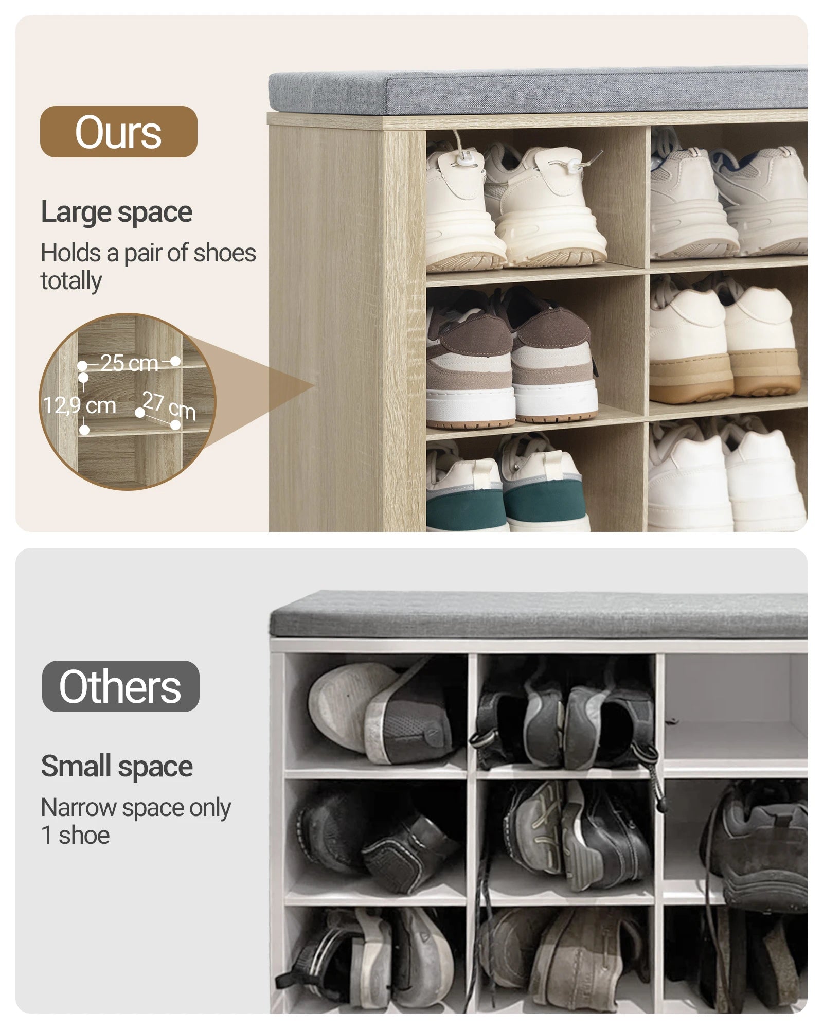 1 Oak Shoe Cabinet with Bench with 16 Compartments, Entrance Bench, Adjustable Shelves for Living Room, Bedroom, Hallway