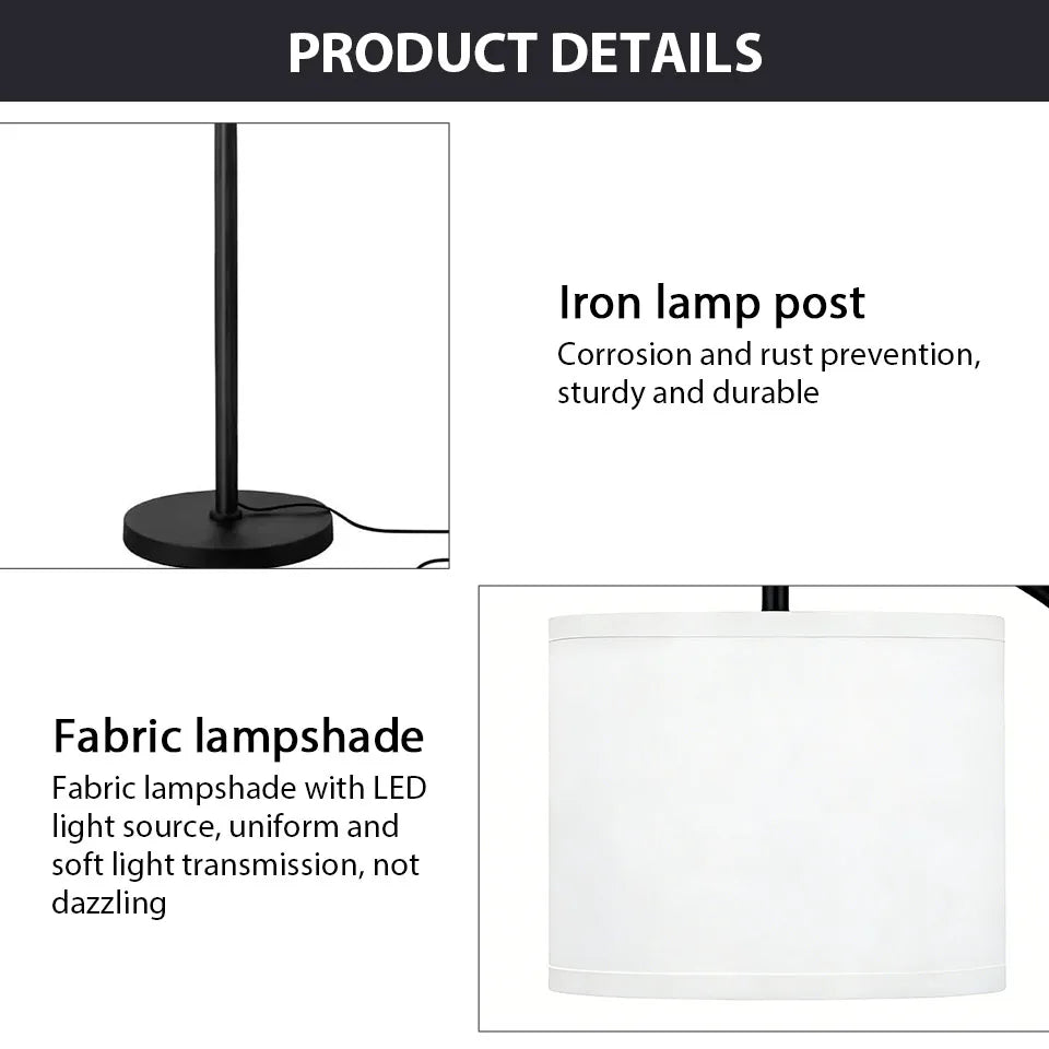 Lámpara de pie moderna de lino con bombilla LED, regulable en 3 colores (blanco cálido/neutro/frío), lámpara de pie E27 con pantalla de tela y base de hierro para sala de estar y dormitorio.