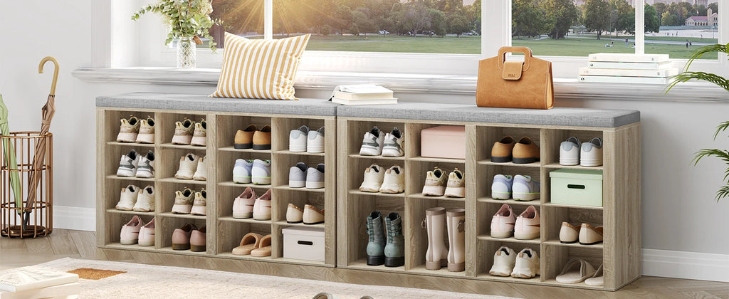 1 Oak Shoe Cabinet with Bench with 16 Compartments, Entrance Bench, Adjustable Shelves for Living Room, Bedroom, Hallway