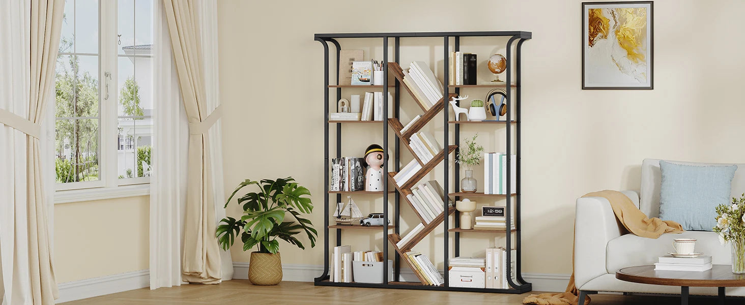 3 Column 6 Tier Tree Shaped Bookcase, 17 Compartments Open Independent Shelves for Home Office,Living Room,Vintage Brown-Black