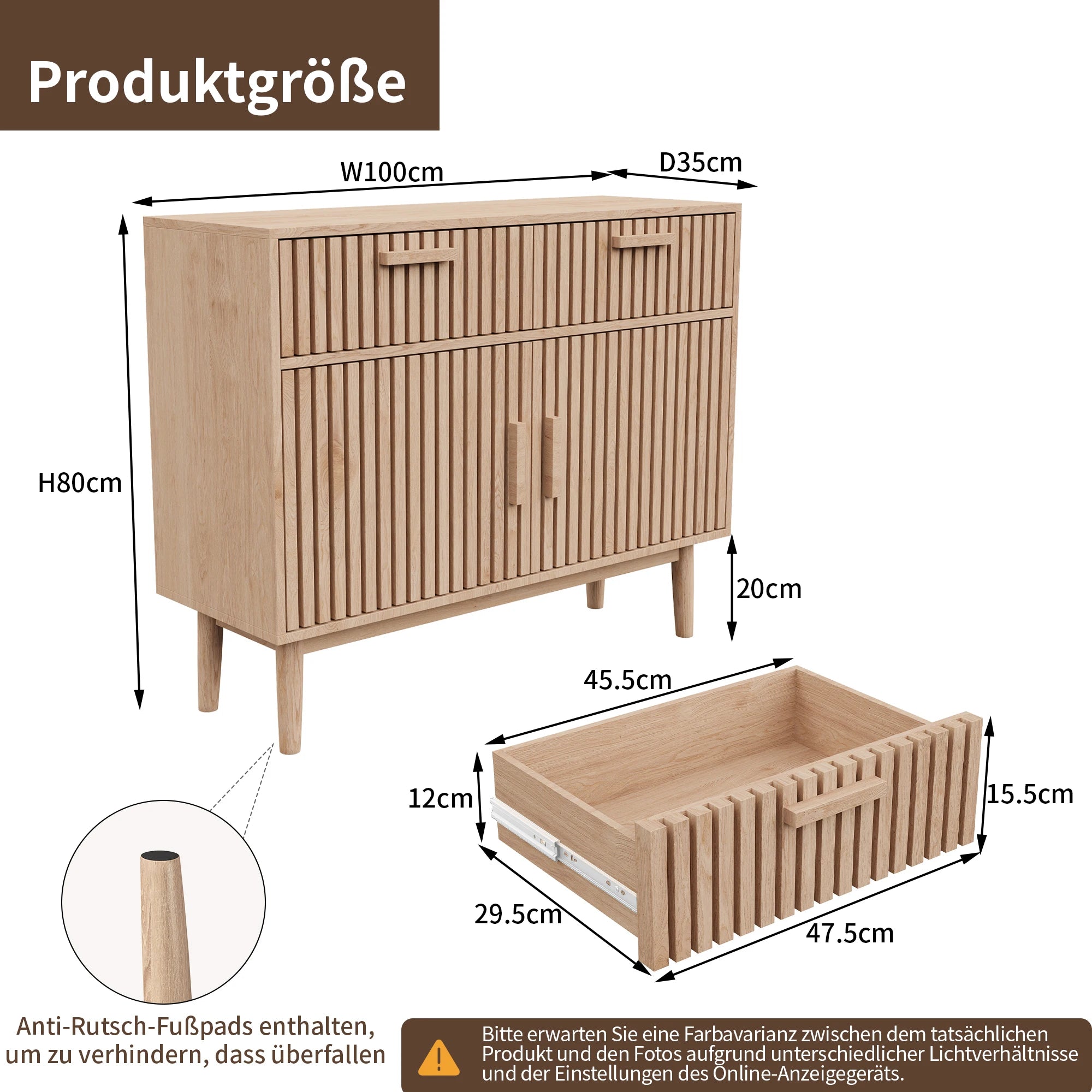 Cómoda de 2 cajones, 100x80x50cm, cómoda de madera, armario con cajones, almacenamiento para dormitorio, sala de estar, patas de madera