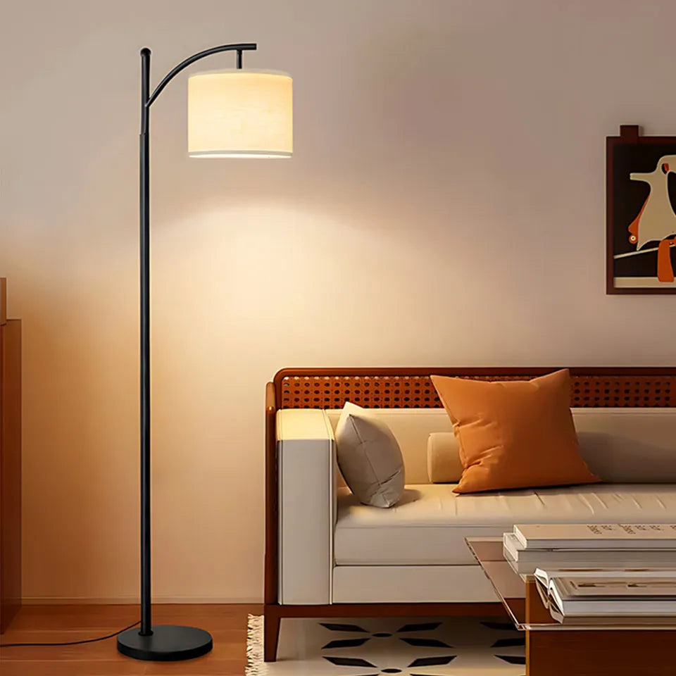 Lámpara de pie moderna de lino con bombilla LED, regulable en 3 colores (blanco cálido/neutro/frío), lámpara de pie E27 con pantalla de tela y base de hierro para sala de estar y dormitorio.