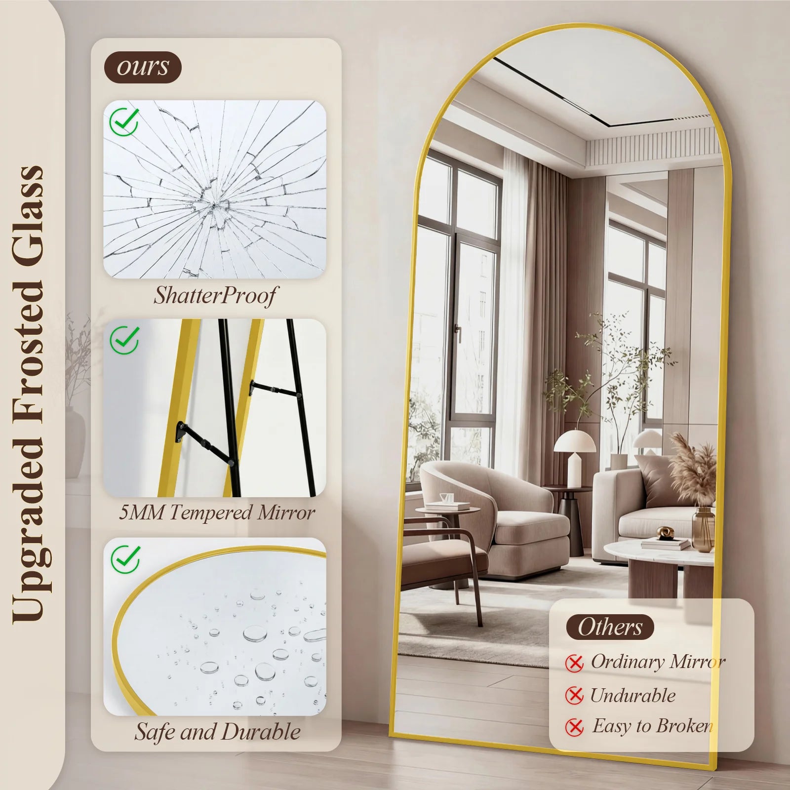Espejo de cuerpo entero de 172x75 cm, de pie, con marco de aleación de aluminio y cristal templado, ideal para dormitorio, salón o armario. Color dorado.