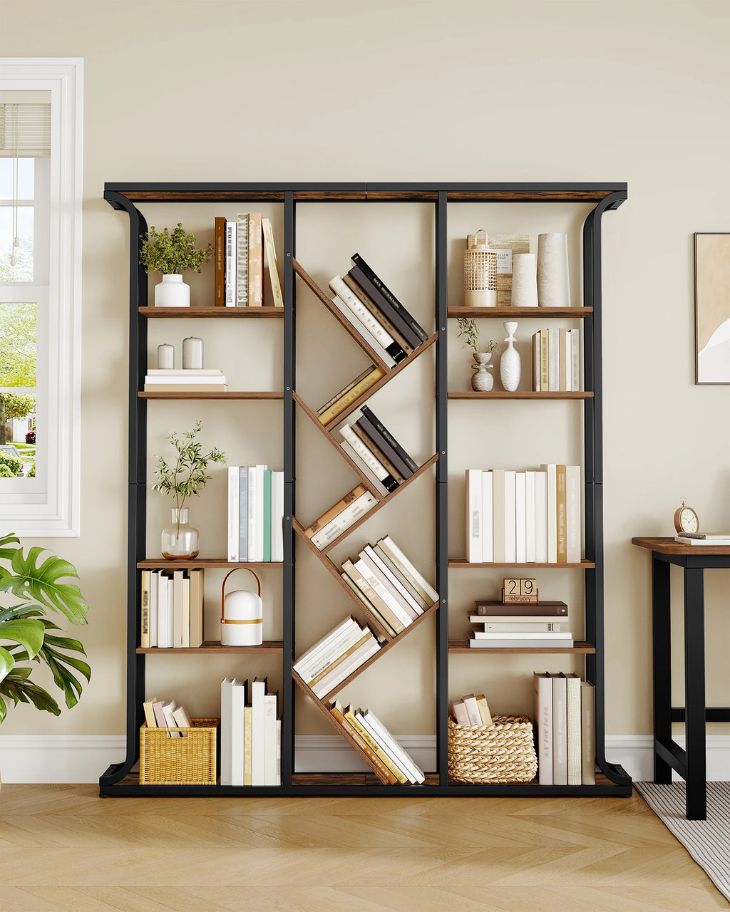 3 Column 6 Tier Tree Shaped Bookcase, 17 Compartments Open Independent Shelves for Home Office,Living Room,Vintage Brown-Black