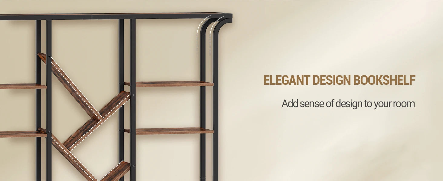 3 Column 6 Tier Tree Shaped Bookcase, 17 Compartments Open Independent Shelves for Home Office,Living Room,Vintage Brown-Black