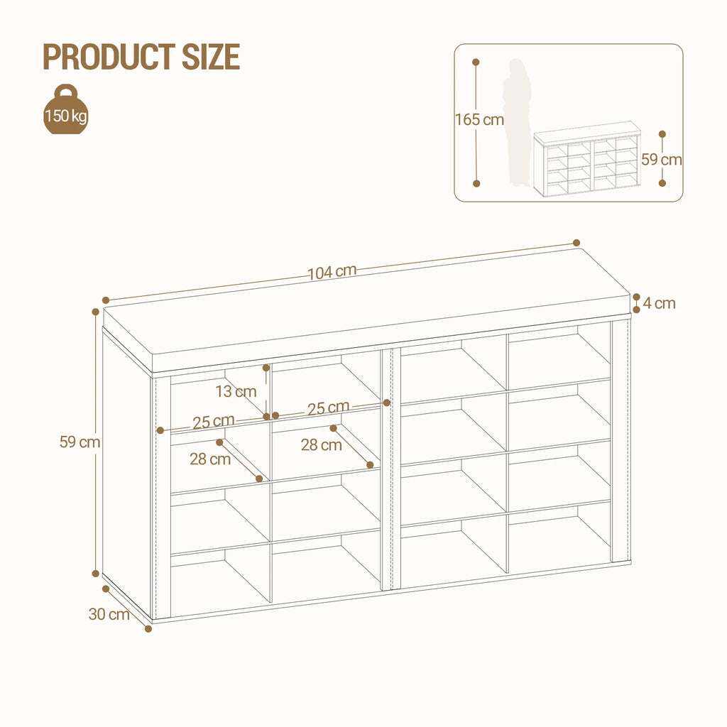 1 Oak Shoe Cabinet with Bench with 16 Compartments, Entrance Bench, Adjustable Shelves for Living Room, Bedroom, Hallway