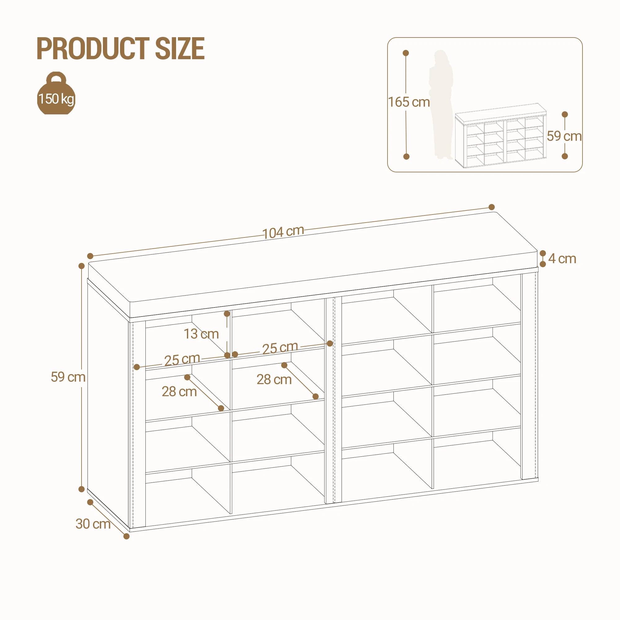 1 Oak Shoe Cabinet with Bench with 16 Compartments, Entrance Bench, Adjustable Shelves for Living Room, Bedroom, Hallway