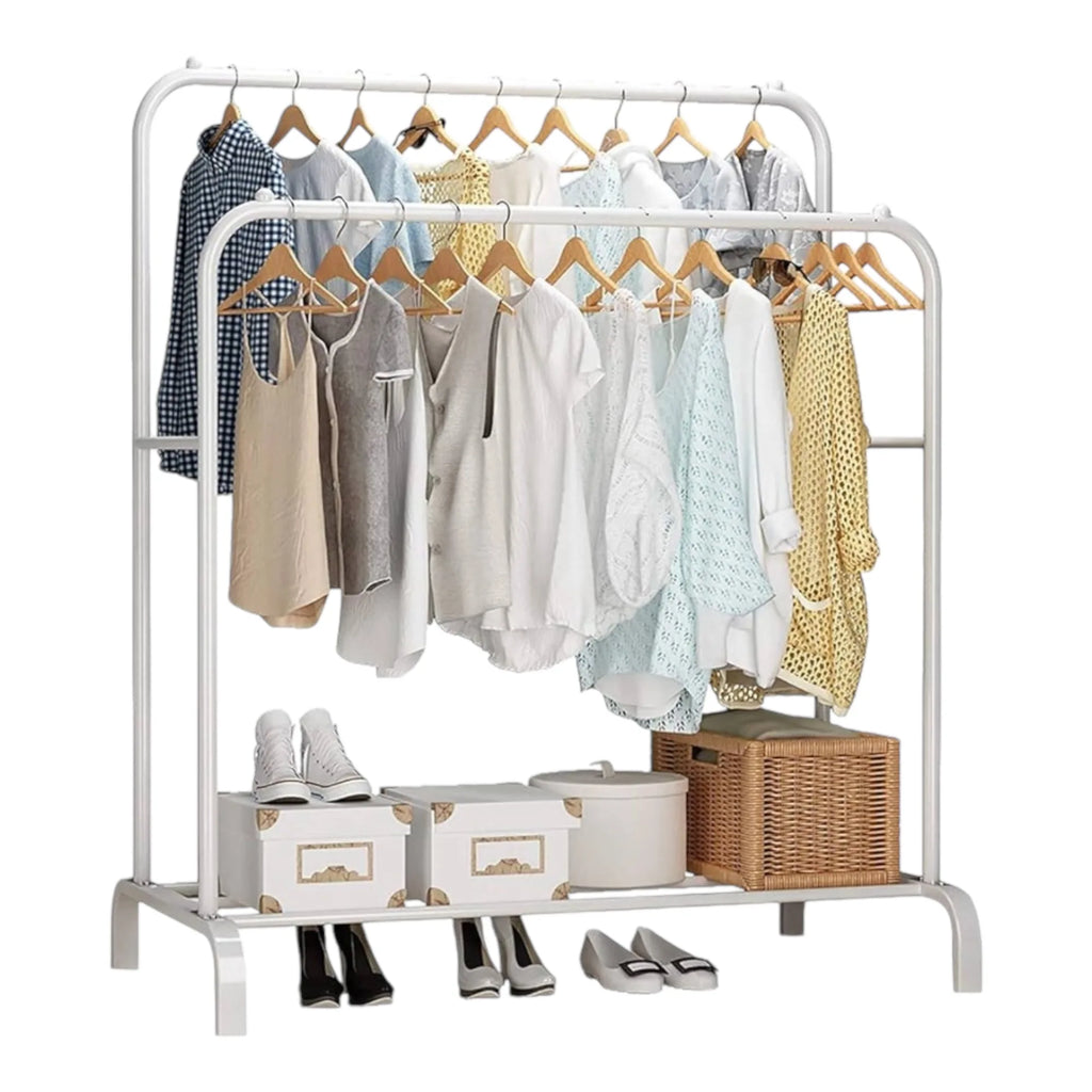 Perchero de pie Mikomika, perchero metálico con estructura en forma de A, doble barra y dos niveles de almacenamiento, soporta hasta 30 kg, disponible en negro o blanco, ideal para chaquetas, vestidos y más.